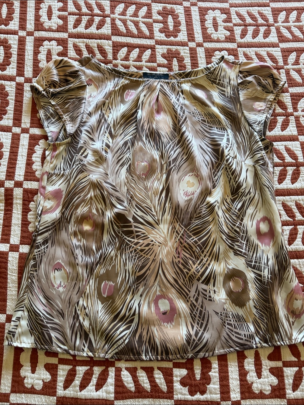 Banana Republic Peacock Feather Print Short Sleeve Blouse - Brown & Pink